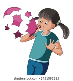 Illustration showing bursting of balloon in front of a girl's mouth