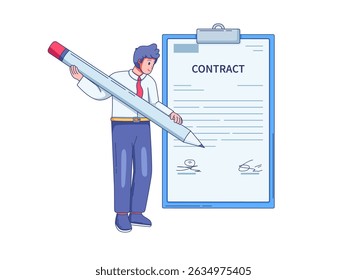 illustration showing a business person standing and holding a large pen signing a contract placed on a clipboard. T
he contract document includes visible text and layout, symbolizing formal agreement