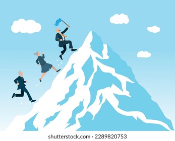 illustration showing businessmen climbing to the top of a mountain to plant a flag. Concept of competition, teamwork to achieve a goal