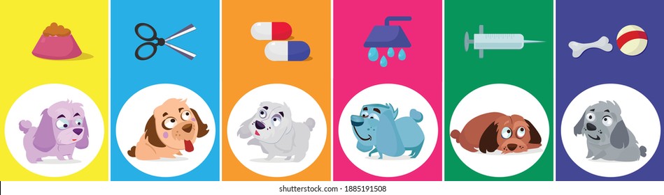 
An illustration showing the care that dogs should take. Food, clipping, medicine, bath, vaccines and games. Ideal for veterinary clinics and pet shops.