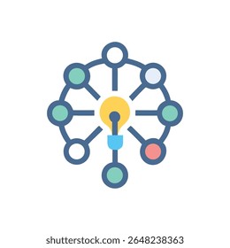 An illustration showing a central lightbulb connected to surrounding nodes, concept of ideas, flat style