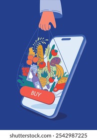 ilustração mostrando os personagens fazendo compras on-line. Uma mão segura uma sacola de compras com mantimentos que emergem de um smartphone. Os itens incluem legumes, frutas e bebidas, isolados em um fundo azul.