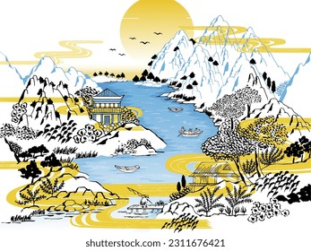 Illustration showing a charming landscape in Old Korea, with a river flowing through the mountains.