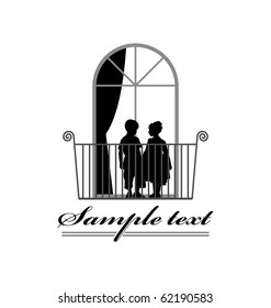 Illustration showing children's silhouettes. They stand on the balcony and holding hands.