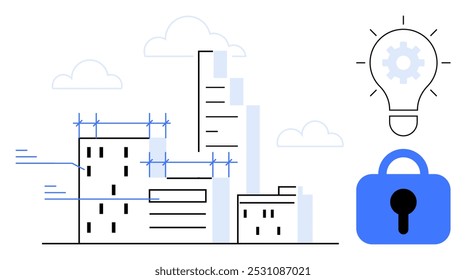 Illustration showing a cityscape with high-rise buildings under construction, accompanied by a light bulb symbolizing innovation and a lock symbolizing security. Ideal for urban development