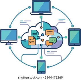 Illustration showing cloud computing network with devices like laptops, tablets, and smartphones connected wirelessly