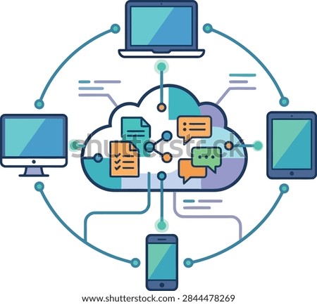 Illustration showing cloud computing network with devices like laptops, tablets, and smartphones connected wirelessly