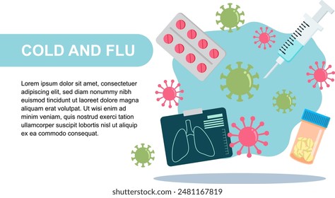  Illustration showing cold and flu treatment with syringe, pills, x-ray, and virus icons. Perfect for healthcare and medical themes.