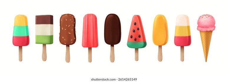 Illustration showing a collection of nine different ice creams including popsicles in various colors and a pink ice cream cone with sprinkles.