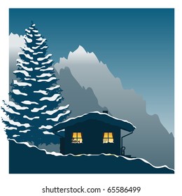 Illustration showing a comfortable ski cottage in the snowy mountains