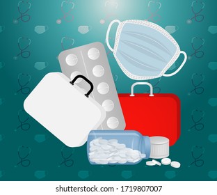 ILLUSTRATION IS SHOWING CONCEPT OF MEDICAL BACKGROUND WITH MEDICINES BOTTLES, PILLS LEAF, FIRST ADD BOX, FACE MASK ON MEDICAL PRODUCT BACKDROP