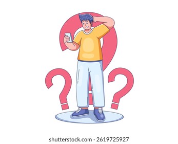 illustration showing a confused and frustrated person standing while holding a smartphone and scratching their head after reading fake or bad news