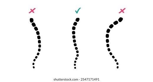 Ilustración que muestra alineaciones correctas e incorrectas de la columna vertebral con un diseño minimalista