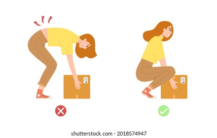 Illustration showing correct posture to lift heavy object safely. Concept of back and spine care, health care, physical body position. Flat vector illustration cartoon character.