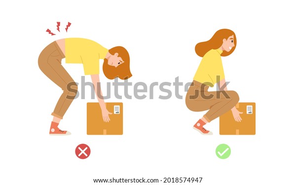 Illustration\
showing correct posture to lift heavy object safely. Concept of\
back and spine care, health care, physical body position. Flat\
vector illustration cartoon\
character.