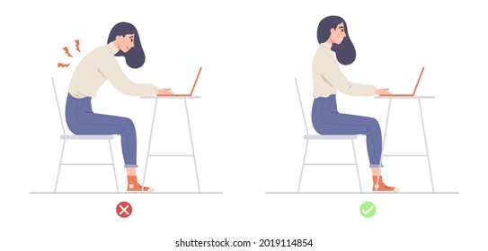 illustration showing correct way to sit while using computer on table; safe body back. Concept of  ergonomics, right posture for healthy back, back pain, spine, health care. Flat vector.