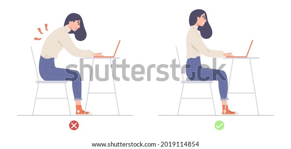 illustration\
showing correct way to sit while using computer on table; safe body\
back. Concept of  ergonomics, right posture for healthy back, back\
pain, spine, health care. Flat\
vector.