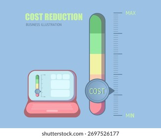 Ilustração mostrando um conceito de redução de custos com um notebook e um indicador de nível de custo, representando a eficiência dos negócios, o gerenciamento financeiro e a otimização de despesas.