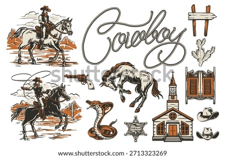 Illustration showing cowboy life with elements like horses lassos a church and a sheriff's badge. This reflects the adventurous spirit of the Wild West and its iconic imagery.