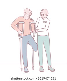 An illustration showing crutches and a caring companion, highlighting the importance of support in recovery
