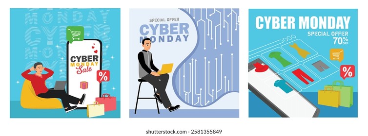 Illustration showing Cyber ​​Monday special offers. Highlighting discounts, digital convenience and e-commerce fun during the shopping festival. Cyber Monday concept. Set flat vector illustration.