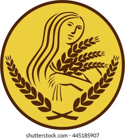 Illustration showing Demeter, Greek goddess of the harvest and agriculture, who presided over grains and fertility holding wheat grain viewed front set inside oval isolated background retro style