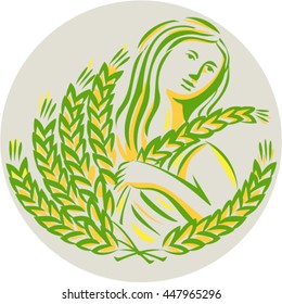 Illustration showing Demeter, Greek goddess of the harvest and agriculture, who presided over grains and fertility holding wheat grain looking side viewed front set inside circle done in retro style. 