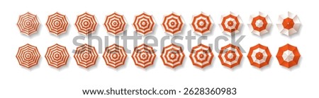 Illustration showing different angular views of red and white beach umbrellas arranged in rows perfect for summerthemed designs. Highangle presentation set against a clean background.