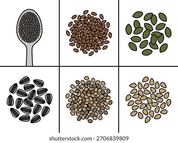 Uma ilustração mostrando diferentes tipos de sementes comestíveis, incluindo linho, chia, abóbora, girassol, cânhamo e sementes de gergelim.