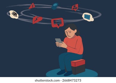 Sobrecarga digital: persona con burbujas de pensamiento que representan angustia psicológica