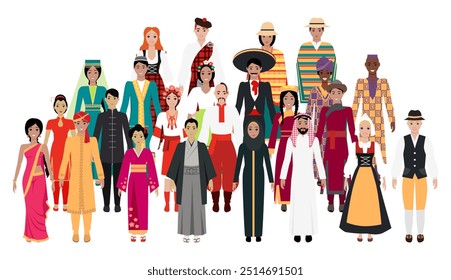 Ilustração mostrando pessoas diversas com roupas tradicionais coloridas de todo o mundo. Pela diversidade cultural, unidade global, patrimônio, tradição, culturas mundiais, multiculturalismo, inclusão.