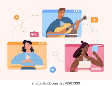 Illustration showing diverse people in video streaming scenarios, including music, meditation, and beauty, on a light background. Creative design concept. Vector illustration.