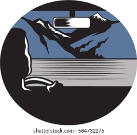 Illustration showing driver looking up at the mountaiin pass and peak through the front windshield set inside oval shape done in retro woodcut style. 