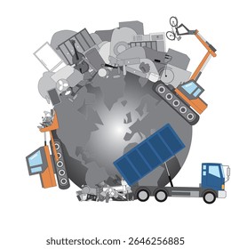 An illustration showing the Earth's environment being destroyed by a huge amount of garbage.