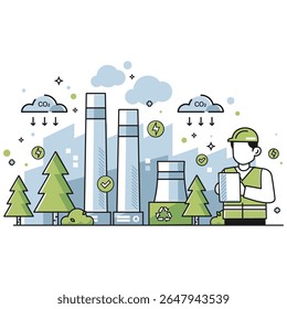 Illustration showing emission offsets, renewable power, and green technology promoting climate action, environmental awareness, and sustainability for cleaner air and energy.
