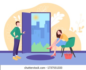 Illustration showing End of Quarantine and Covid-19. Woman and man are happy that Staying home is over. The coronavirus lockdown is over, the family is going to walk at the open door. Cartoon family