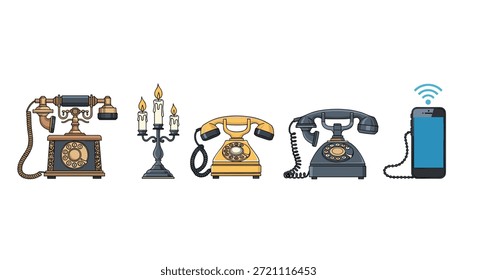 Ilustração mostrando a evolução das ferramentas de comunicação de telefones antigos rotativos para um smartphone moderno com um ícone de sinal sem fio no topo.