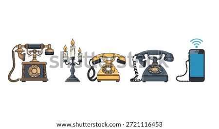 Illustration showing the evolution of communication tools from antique rotary telephones to a modern smartphone with a wireless signal icon on top.