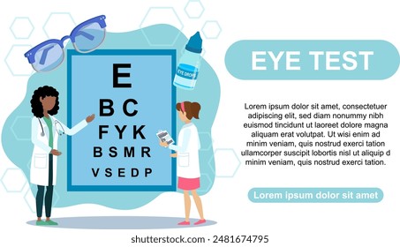 Ilustración que muestra una prueba ocular con un médico, una tabla ocular, gafas y colirios. Ideal para temas de visión y salud.