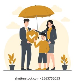 Illustration showing a family under an umbrella with a shield, symbolizing protection and security through family insurance policies