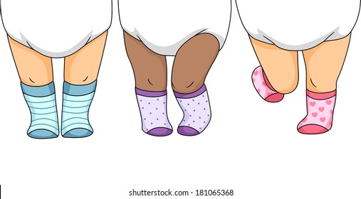 Illustration Showing the Feet of a Group of Babies Wearing Patterned Socks