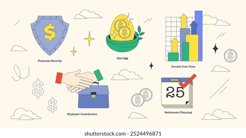 Illustration showing financial security, nest egg, growth over time, employer contribution, and retirement planning in neubrutalism style collection.