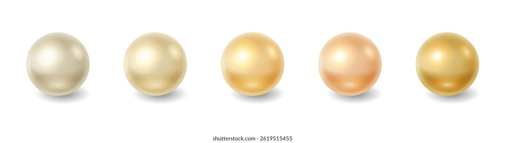 Ilustração mostrando cinco pérolas brilhantes em tons de gradiente de branco a ouro em fundo branco plano. Perfeito para design com temas de luxo e elegância ou conceitos de joias. com espaço para cópia