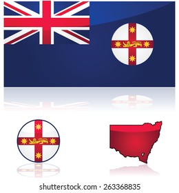 Illustration showing the flag and map of the state of New South Wales, in Australia