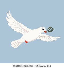 Illustration showing a flying white dove holding a green olive branch