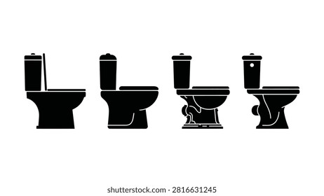 Illustration showing four distinct toilet designs with transparent background and water flow
