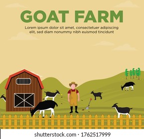 Illustration showing goat farm with a farmer standing outside his house