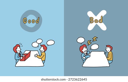 Uma ilustração mostrando bons e maus exemplos de uma reunião individual, comparando uma conversa de apoio e atenção com uma interação estressante e de alta pressão.