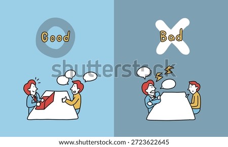 An illustration showing good and bad examples of a one-on-one meeting, comparing a supportive, attentive conversation with a stressful, high-pressure interaction.