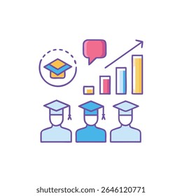 Illustration showing graduated students and growth charts, symbolizing education success. Graphic style uses a limited color palette and outlines.